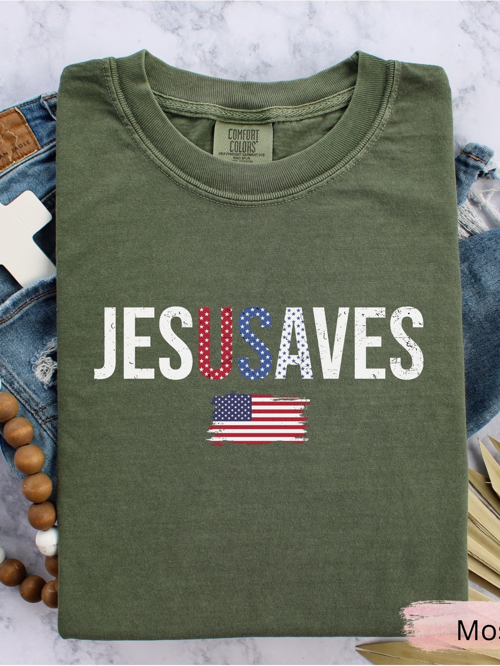 Comfort Colors Olive Green 'JESUS SAVES' Patriotic Graphic Tee